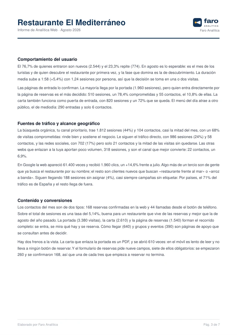 Página 3 del informe de ejemplo de Google Analytics 4 del Restaurante El Mediterráneo